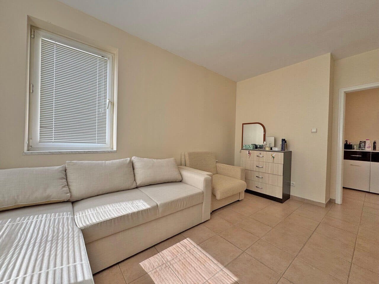 Two-room apartment in the Sea Dreams complex with a view of the pool at Sunny Beach.